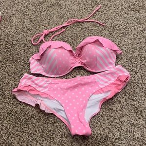 Victoria’s Secret ruffle pink polka dot bikini 34D medium cheeky bottom